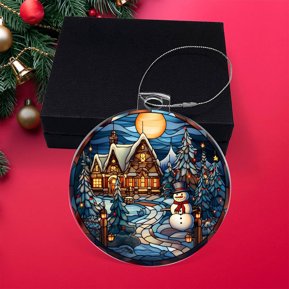 Snowy Cottage and Snowman Stained Glass Acrylic Ornament⛄🏡✨ - personalized keepsake gift (view 9)