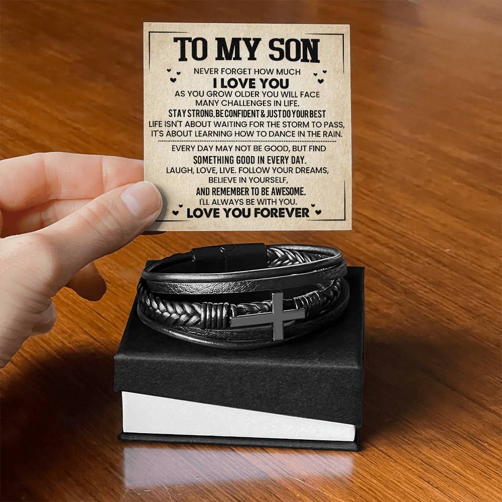 To My Son – A Message of Love and Strength – Men's Cross Leather Bracelet