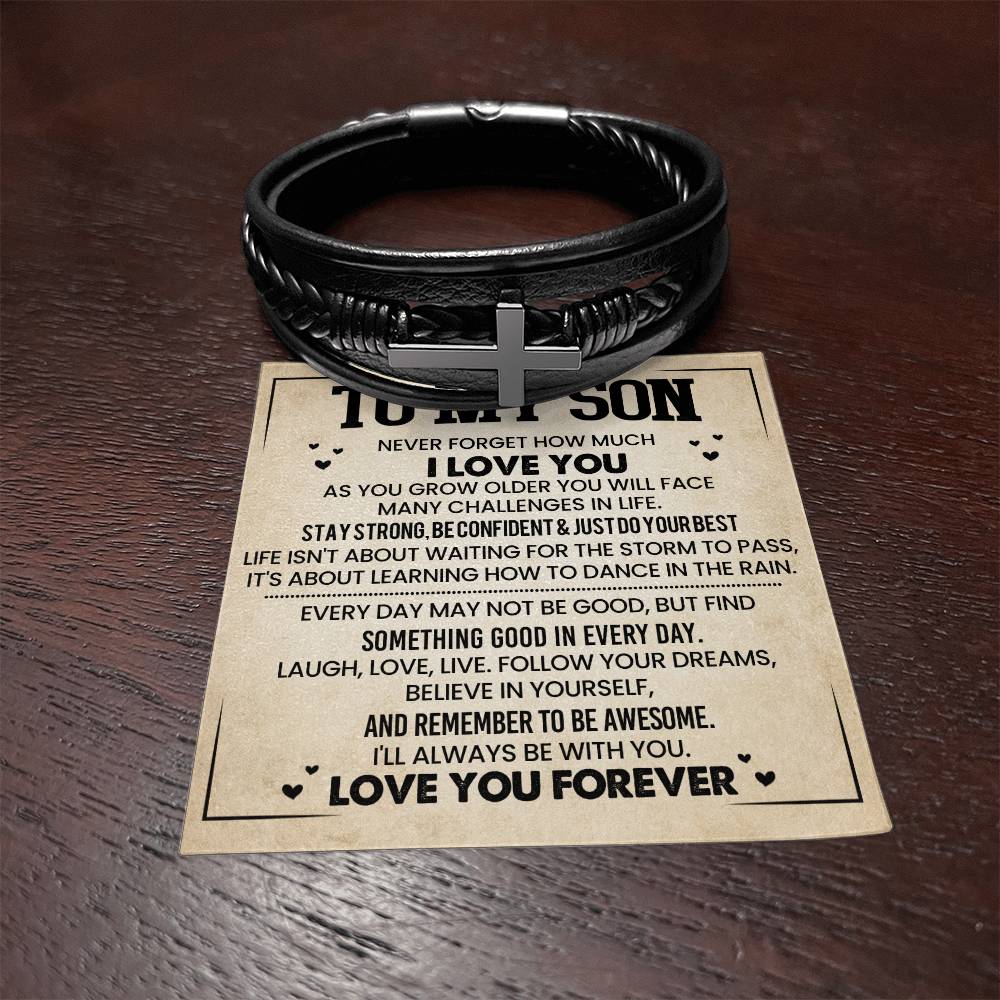 To My Son – A Message of Love and Strength – Men's Cross Leather Bracelet