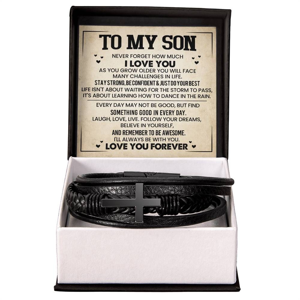 To My Son – A Message of Love and Strength – Men's Cross Leather Bracelet