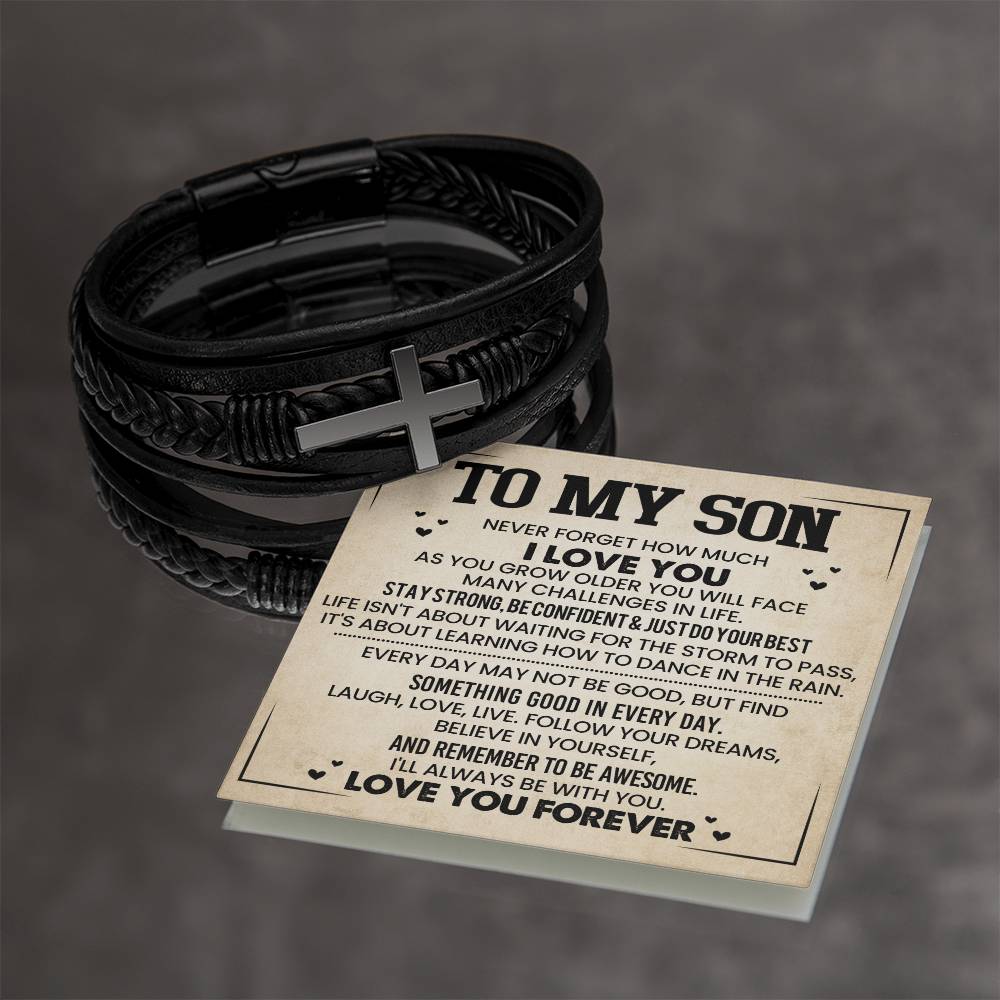 To My Son – A Message of Love and Strength – Men's Cross Leather Bracelet