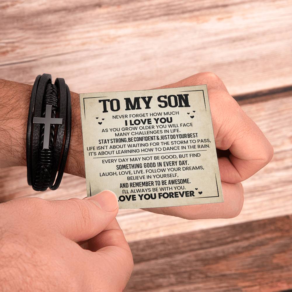To My Son – A Message of Love and Strength – Men's Cross Leather Bracelet