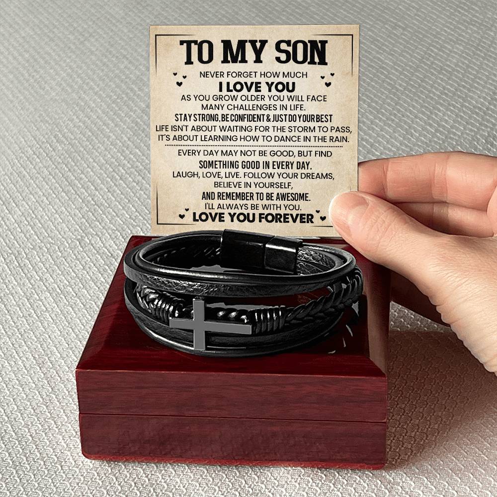 To My Son – A Message of Love and Strength – Men's Cross Leather Bracelet