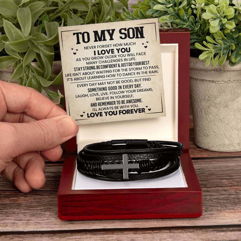 To My Son – A Message of Love and Strength – Men's Cross Leather Bracelet