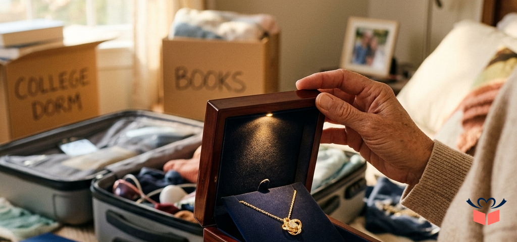A mother gently closing a luxury mahogany jewelry box containing a gold Love Knot necklace with the college departure background