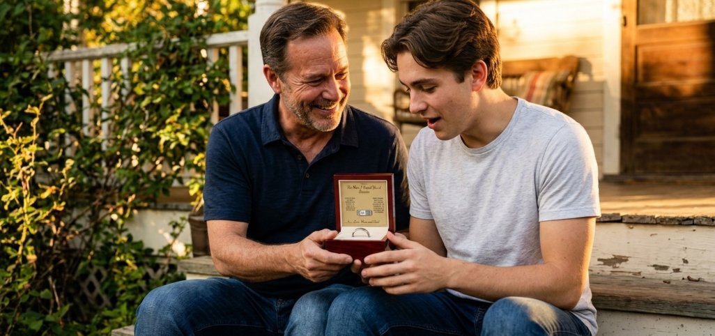 Dad and teen son on a porch with a "To My Son, I Love You" gift box