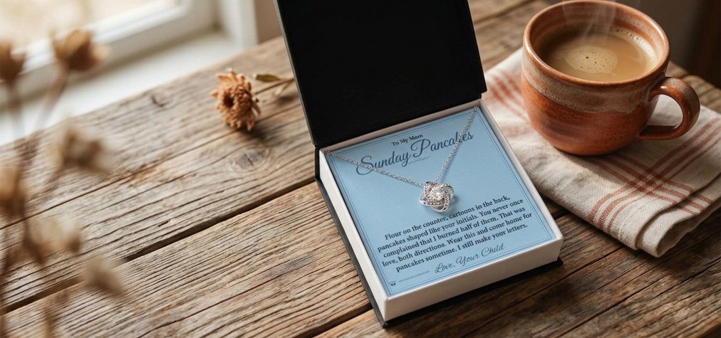 Mom's necklace gift box with coffee in quiet morning light