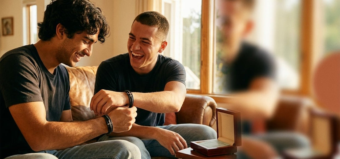 Young man helping a friend fasten a cross bracelet