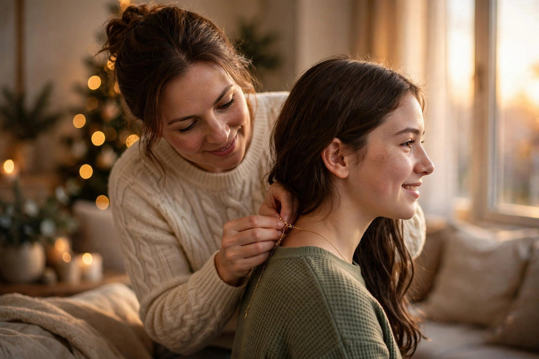 Mother fastening a keepsake necklace on her daughter in warm holiday light