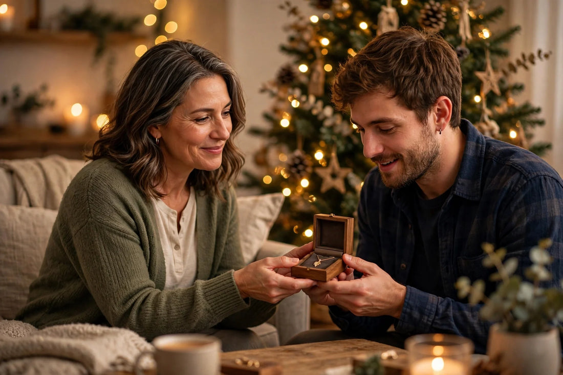 Mother giving her son an open jewelry gift box by the Christmas tree