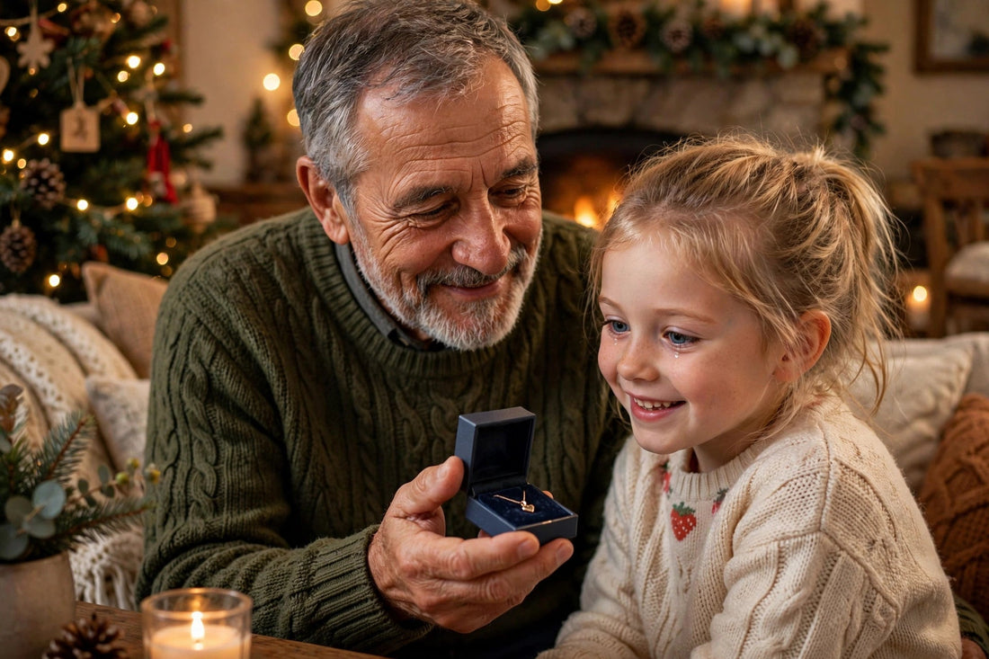 A grandfather presenting a jewelry gift box to his granddaughter on Christmas morning