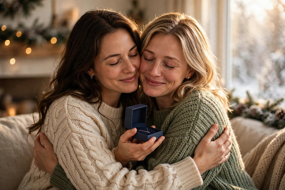 Two sisters embracing on Christmas morning, one handing the other a jewelry gift box