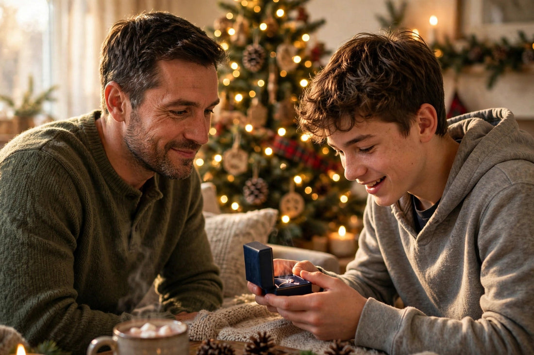 A proud father watching his teenage son open a jewelry gift box on Christmas morning