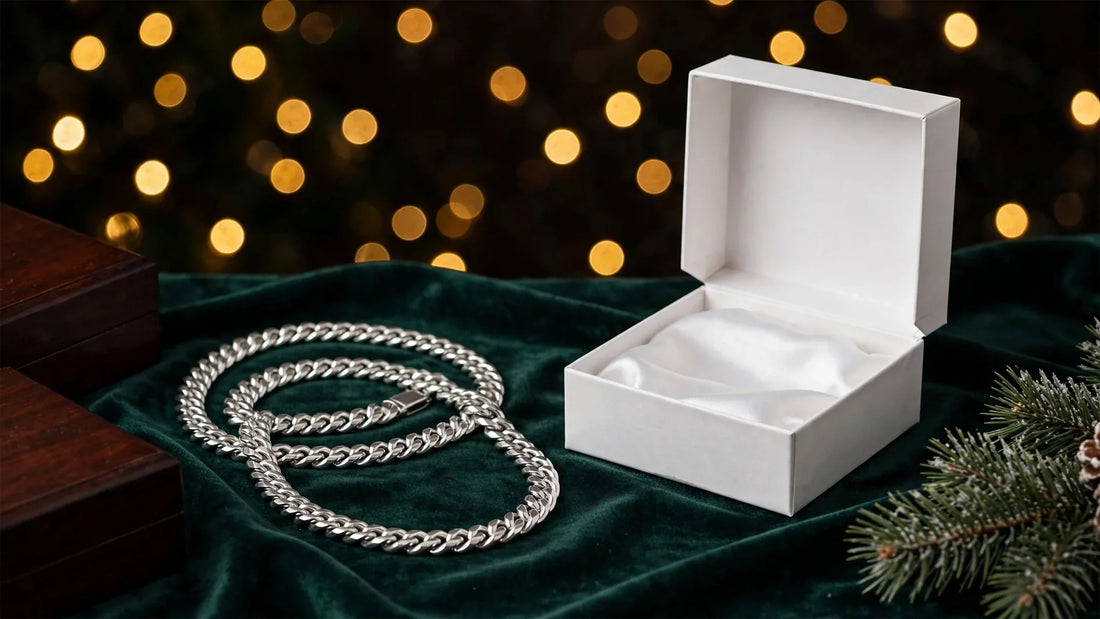Silver Cuban link chain for son in a Christmas gift box