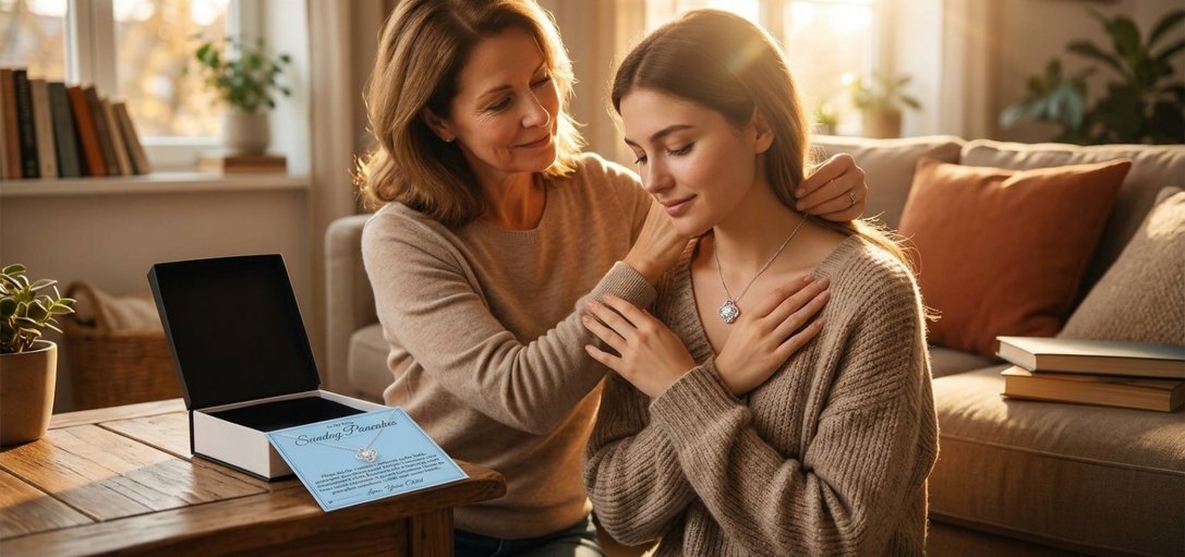 Mother and daughter sharing a necklace gift moment