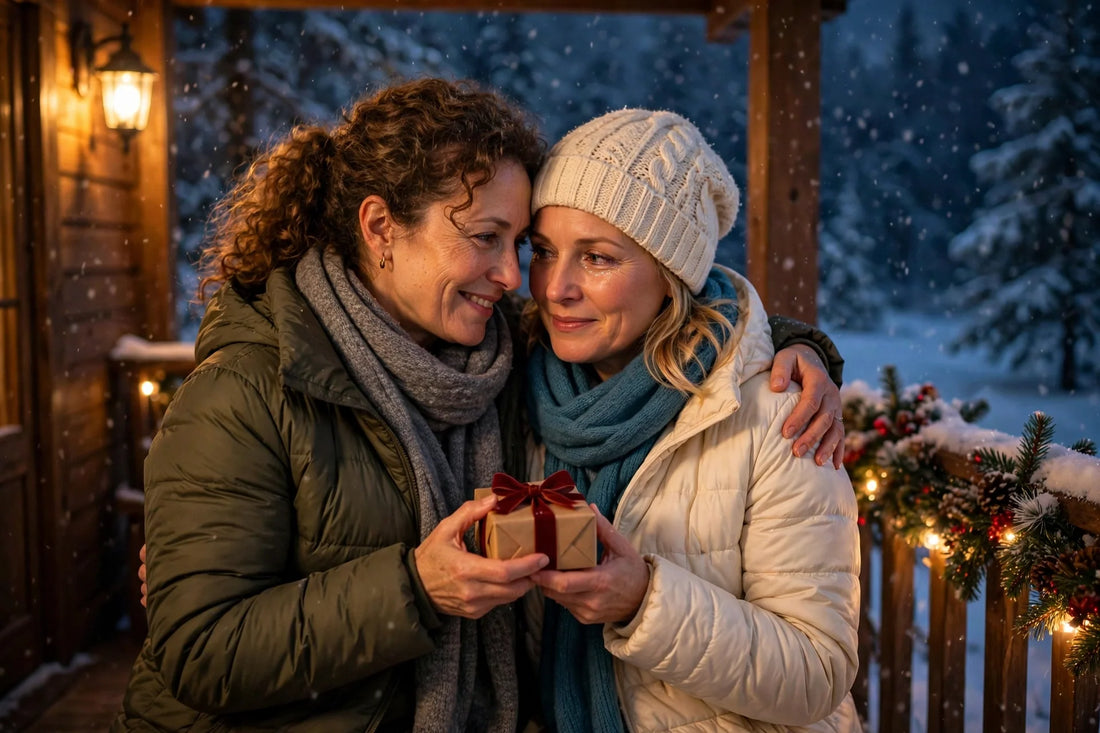 Two best friends exchanging a Christmas gift necklace, laughing together by warm holiday lights