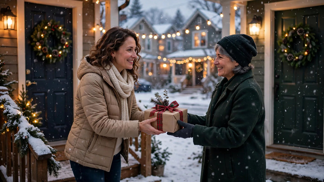 Neighbor receiving a Love Knot necklace Christmas gift on a snowy street