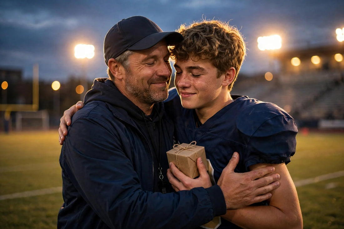 A coach embracing his player on the field at dusk