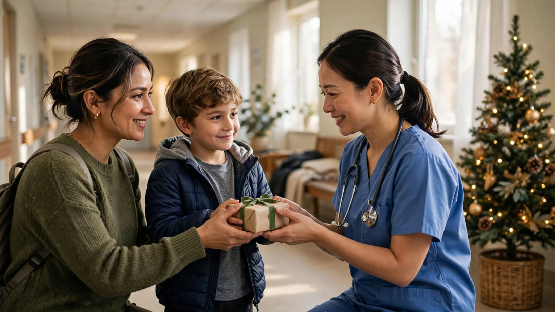 A nurse smiling softly as she receives a Christmas gift necklace from a grateful family