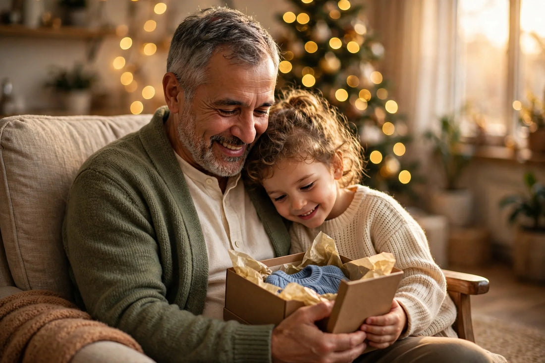 Grandfather and grandchild sharing a gift box by the Christmas tree