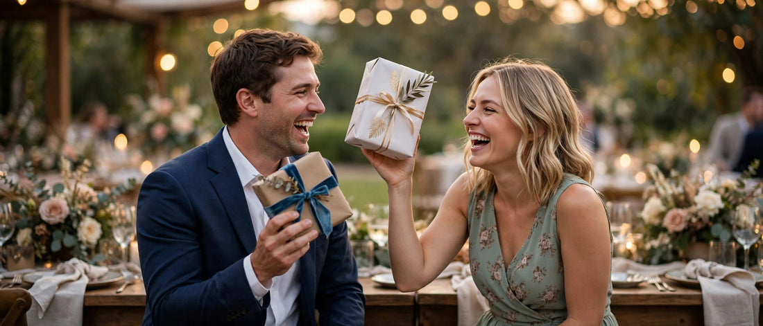 Siblings laughing together at a wedding reception