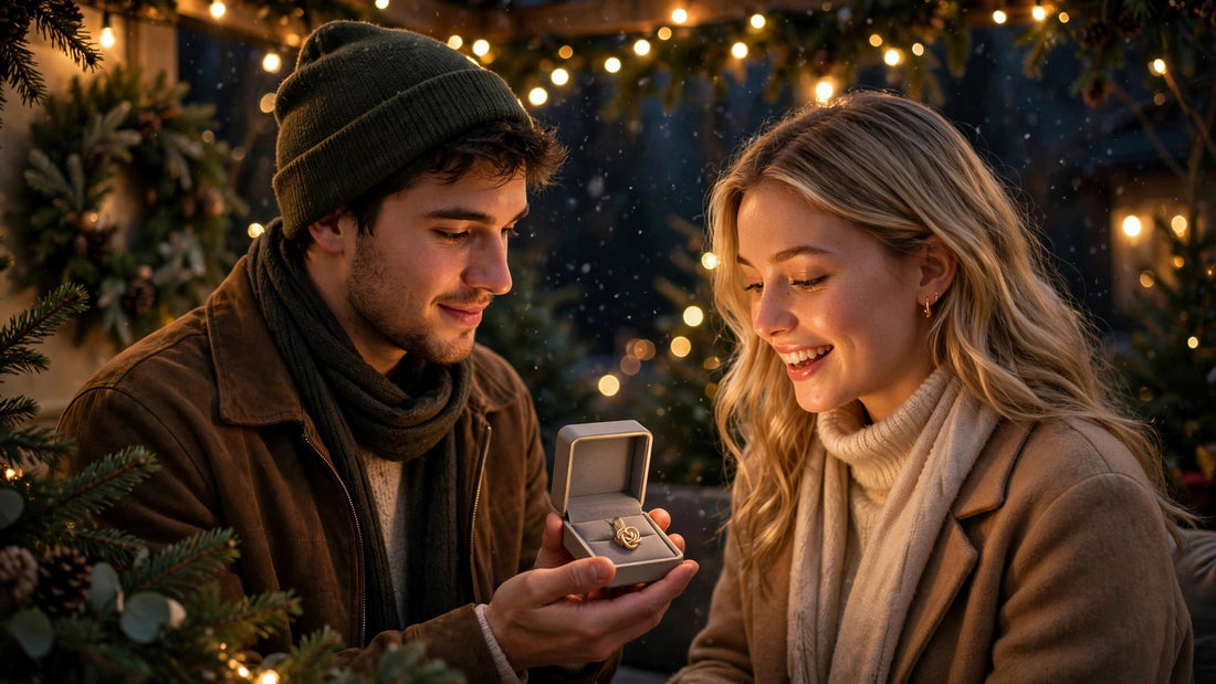 A young man giving his girlfriend a jewelry gift box on a snowy Christmas evening