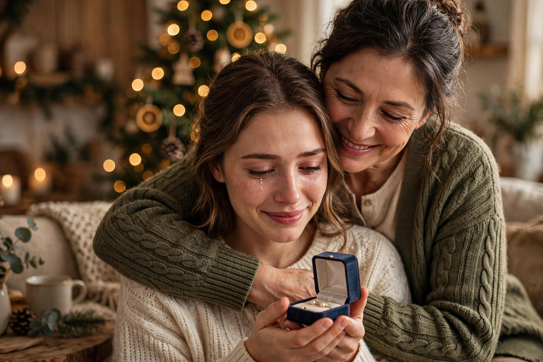 A mother embracing her grown daughter as she opens a jewelry gift box on Christmas morning