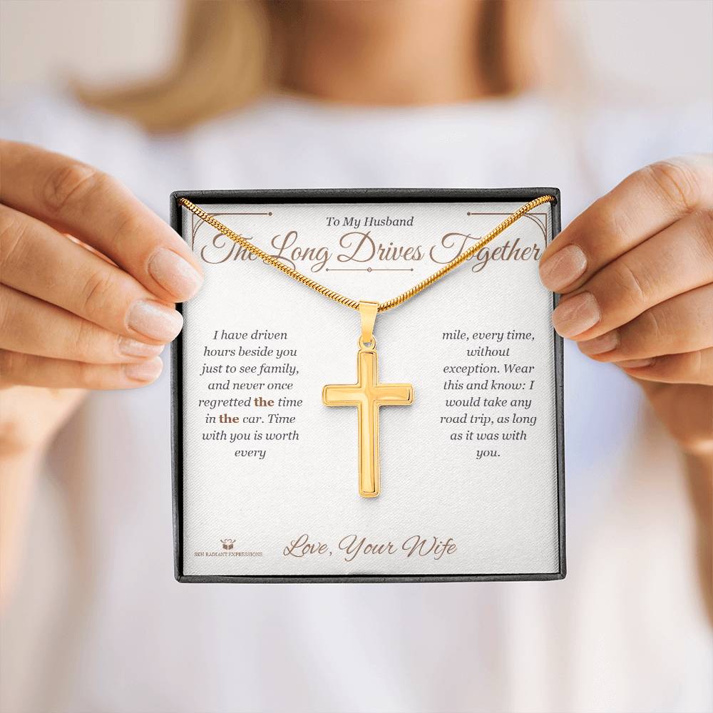 Engraved Artisan Cross Necklace with message for husband