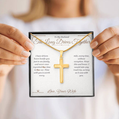 Engraved Artisan Cross Necklace with message for husband