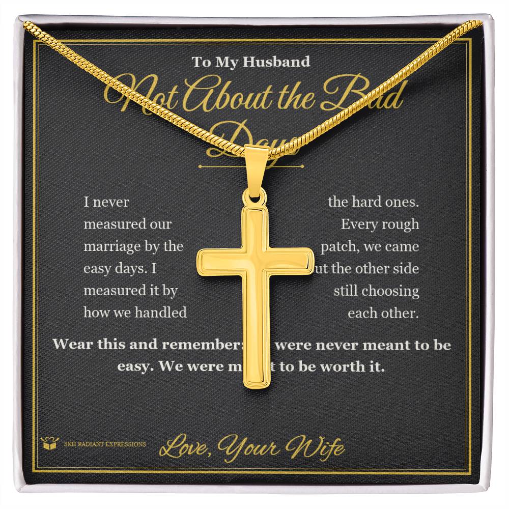 Engraved Artisan Cross Necklace with message for husband
