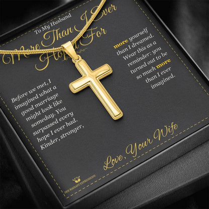 Engraved Artisan Cross Necklace with message for husband