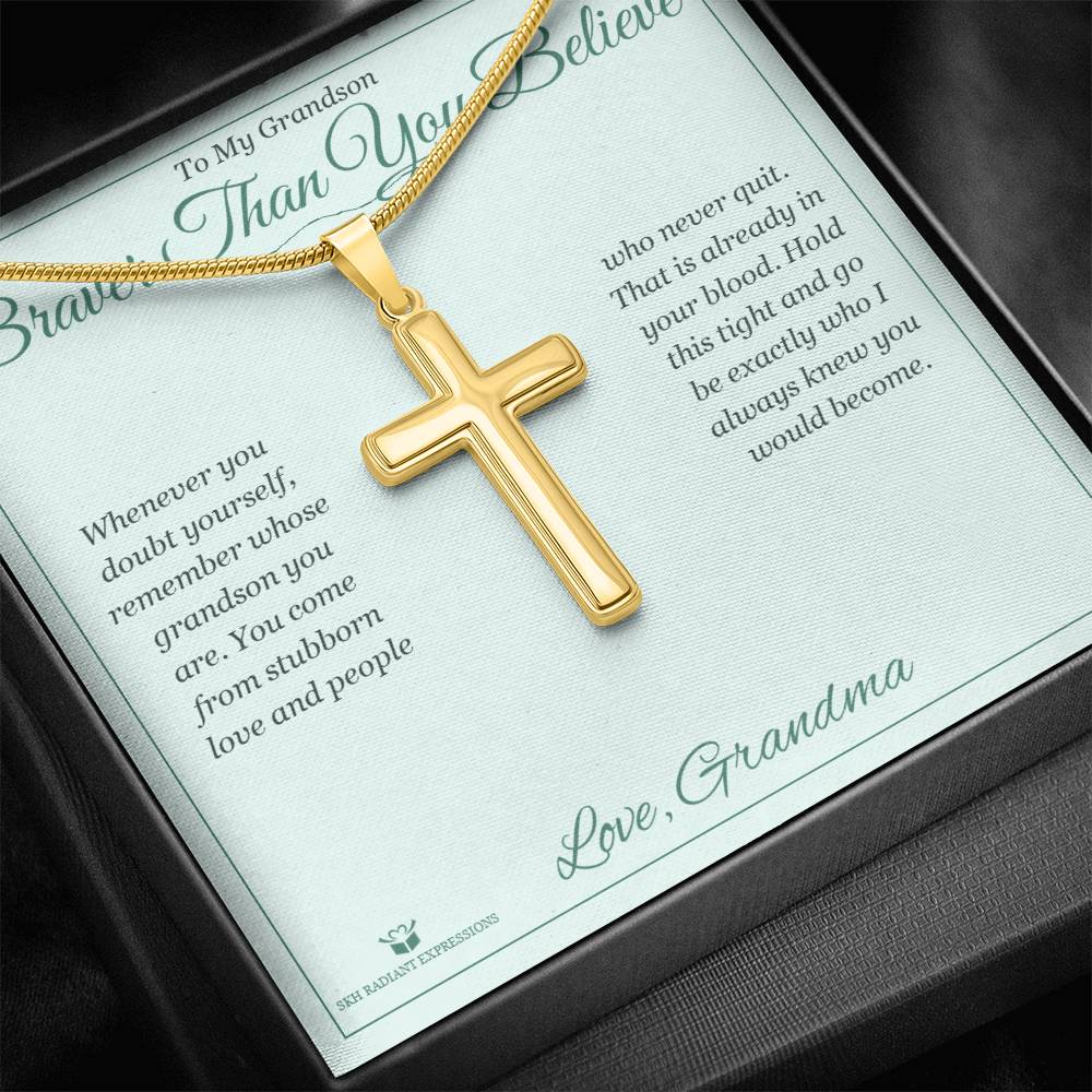 Engraved Artisan Cross Necklace with message for grandson