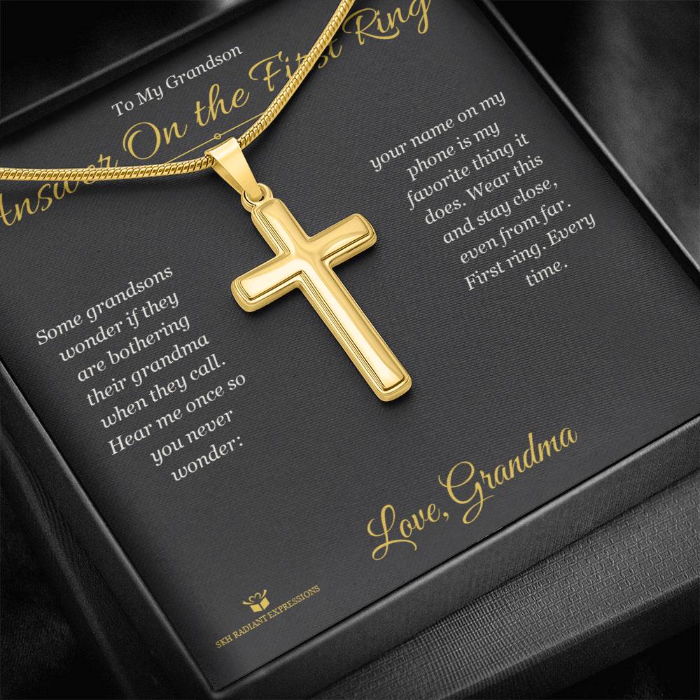 Engraved Artisan Cross Necklace with message for grandson