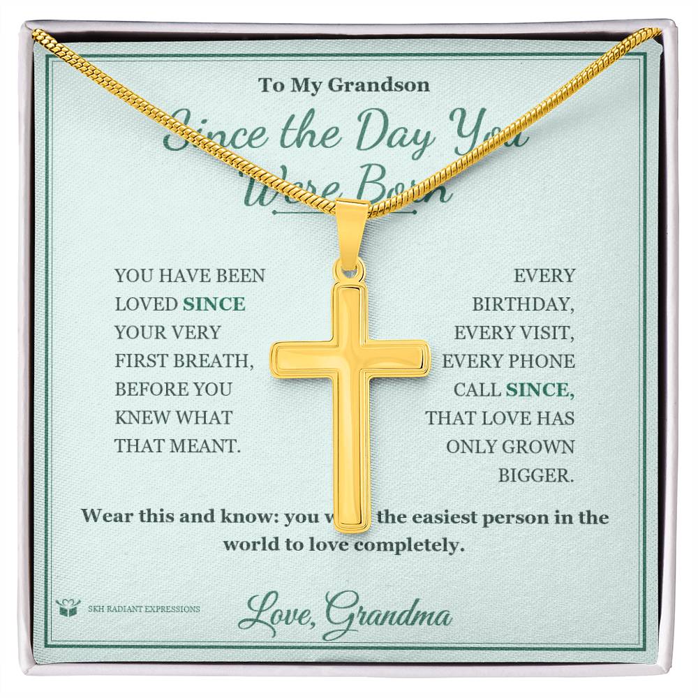 Engraved Artisan Cross Necklace with message for grandson