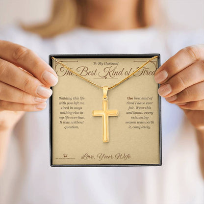 Engraved Artisan Cross Necklace with message for husband
