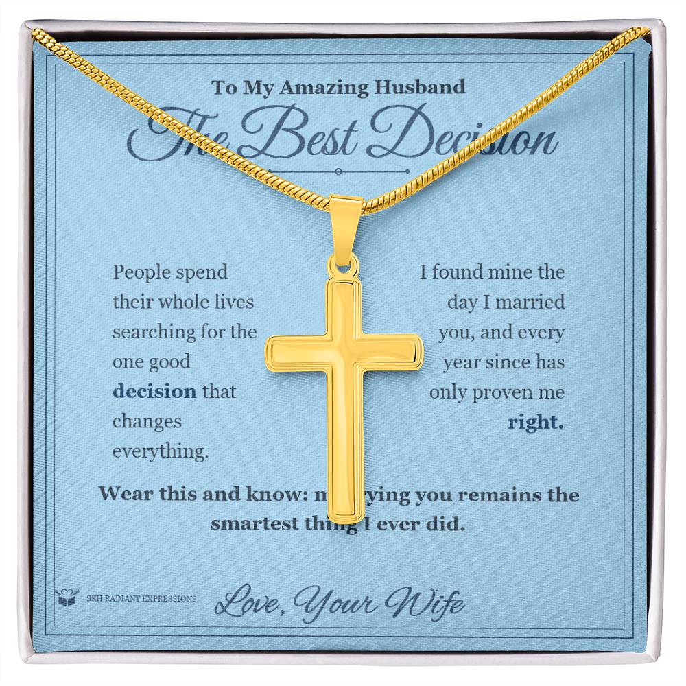 Engraved Artisan Cross Necklace with message for husband