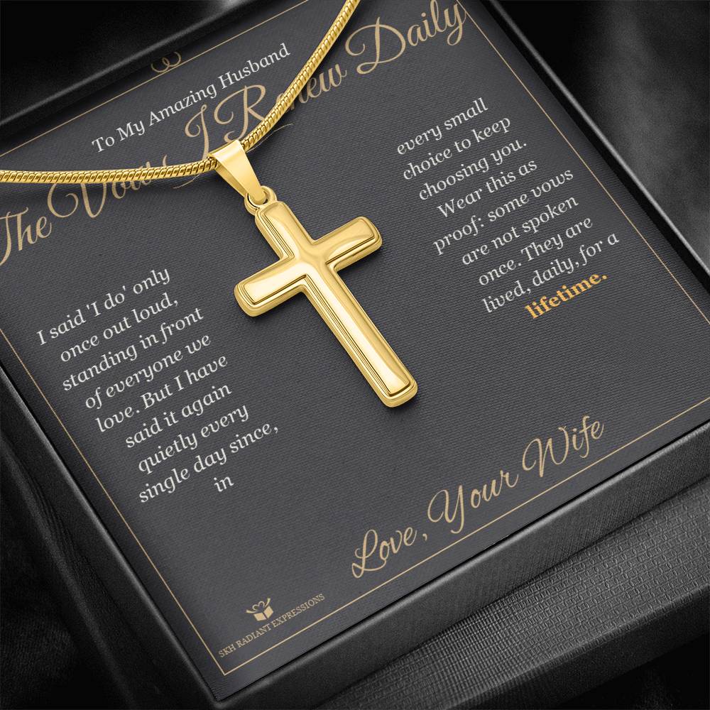 Engraved Artisan Cross Necklace with message for husband