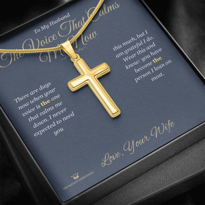 Engraved Artisan Cross Necklace with message for husband