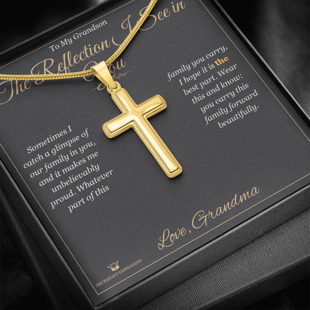 Engraved Artisan Cross Necklace with message for grandson