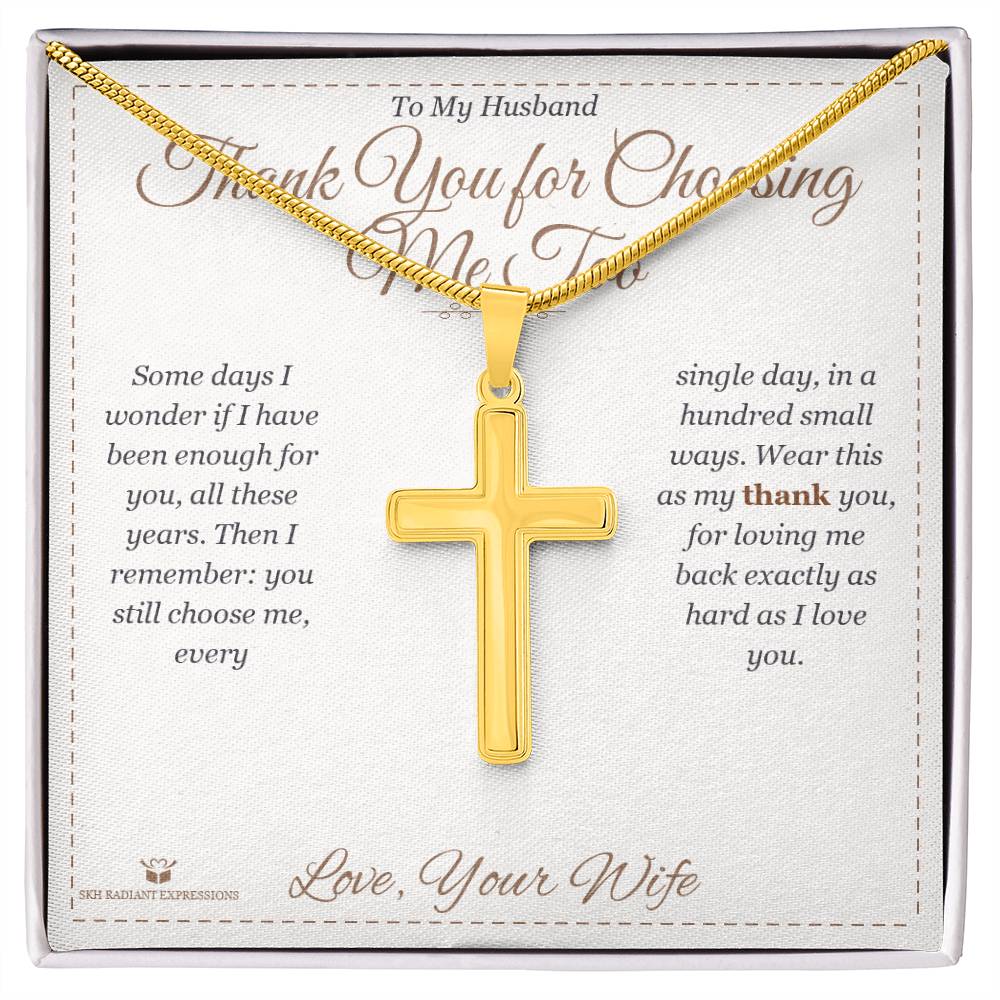 Engraved Artisan Cross Necklace with message for husband