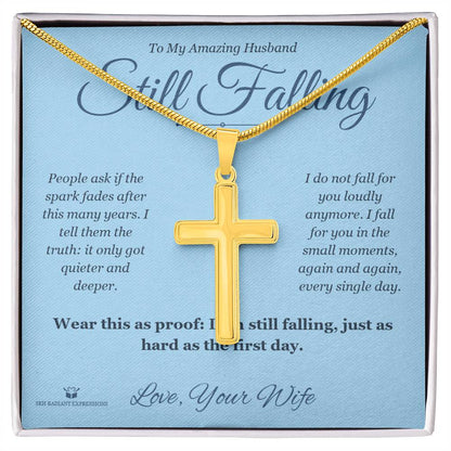 Engraved Artisan Cross Necklace with message for husband