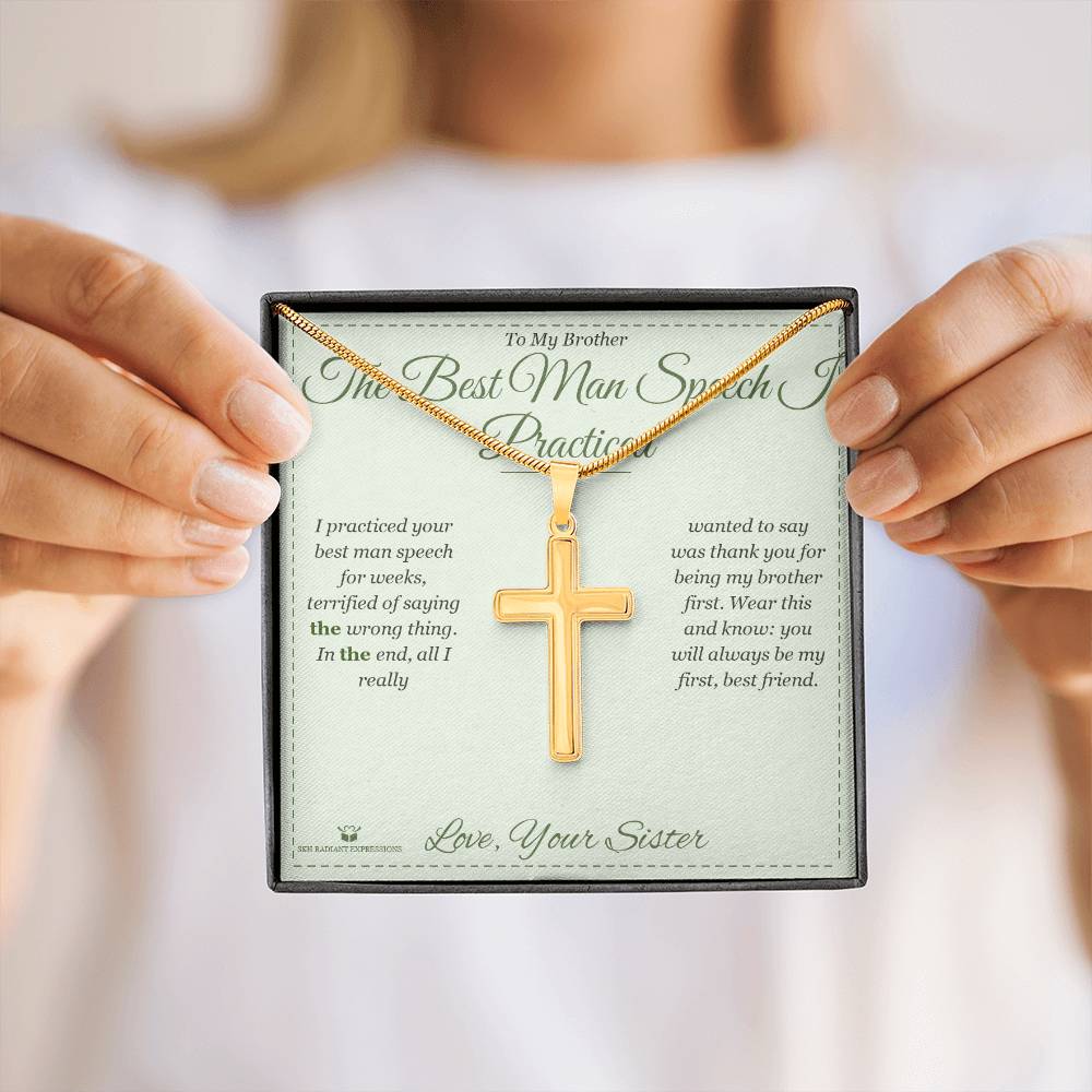 Engraved Artisan Cross Necklace with message for brother