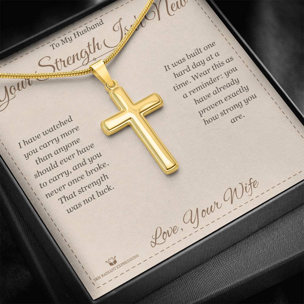 Engraved Artisan Cross Necklace with message for husband