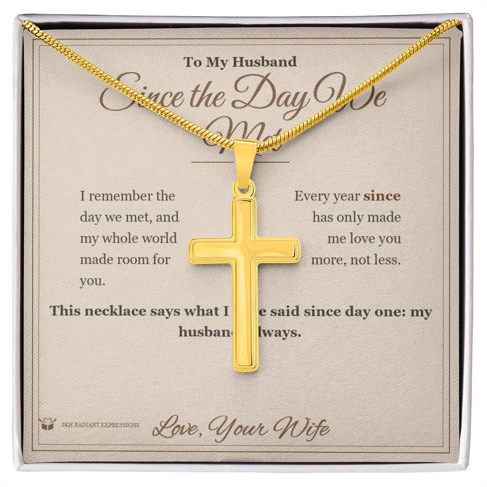 Engraved Artisan Cross Necklace with message for husband