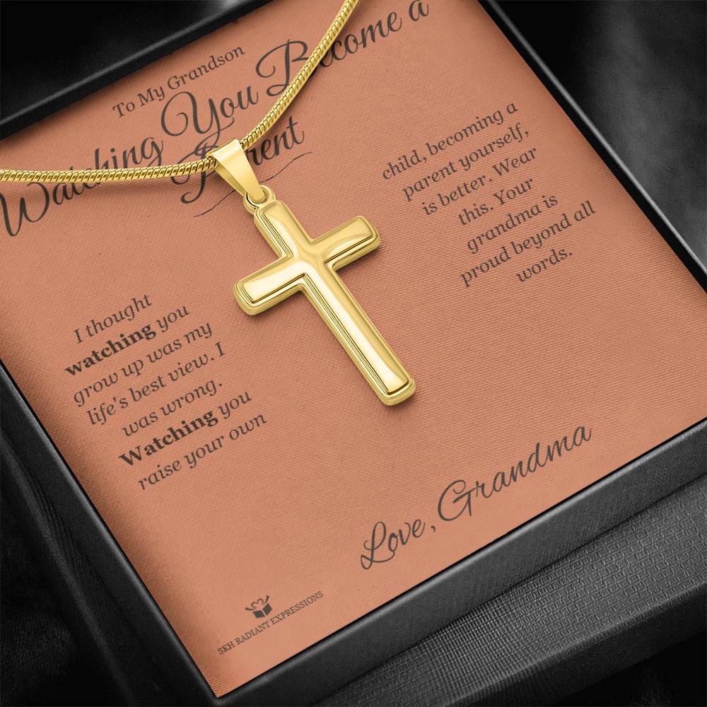 Engraved Artisan Cross Necklace with message for grandson