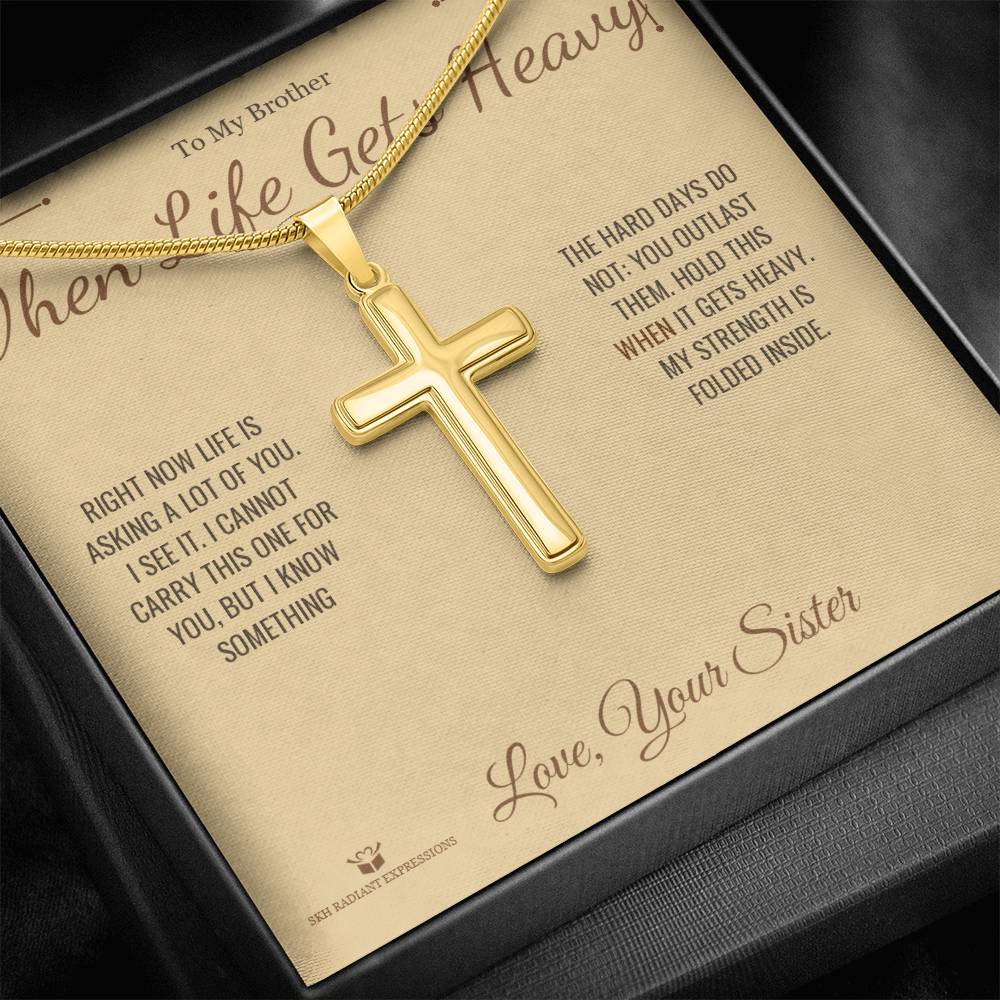 Engraved Artisan Cross Necklace with message for brother