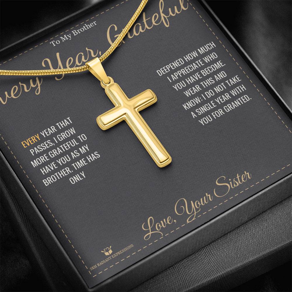 Engraved Artisan Cross Necklace with message for brother