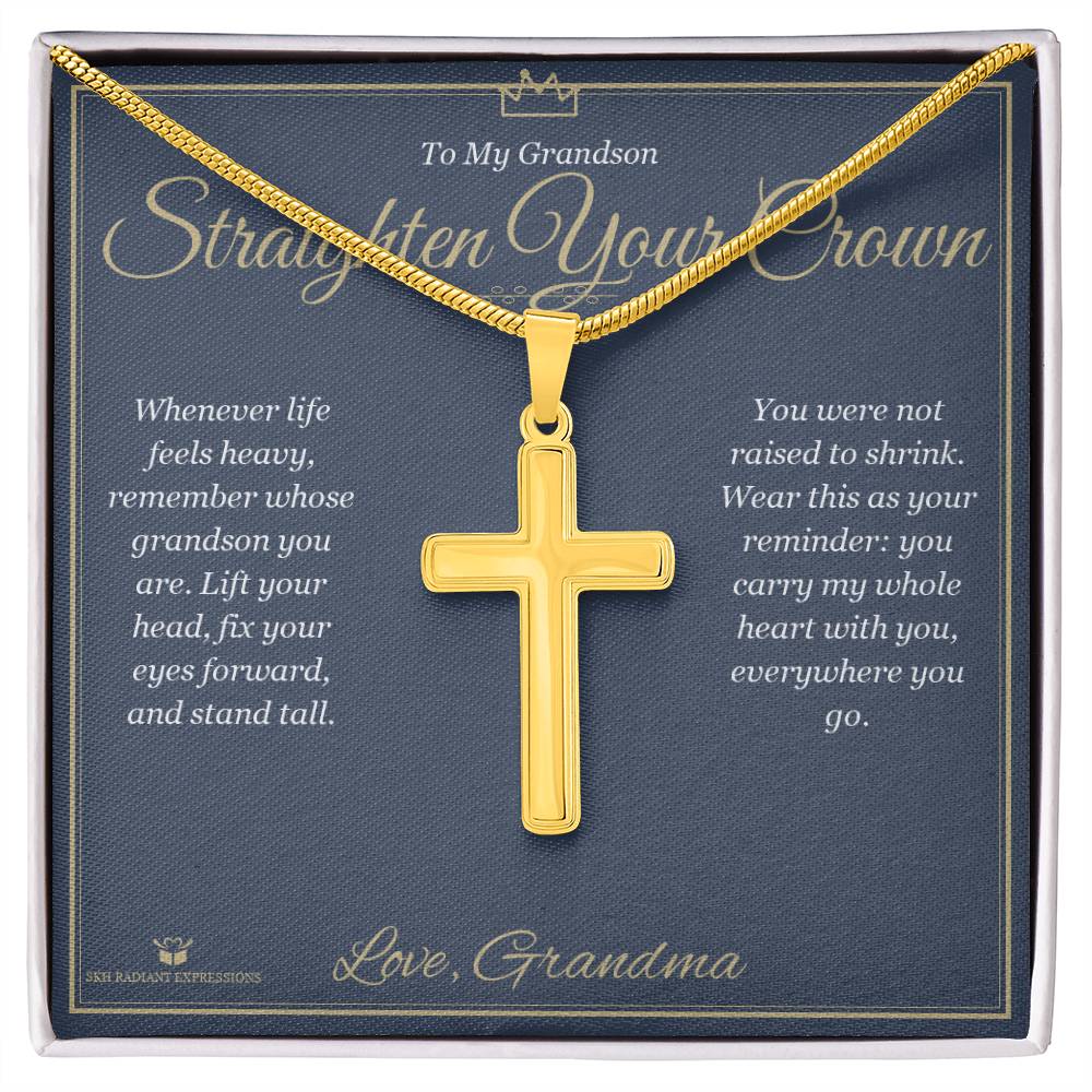 Engraved Artisan Cross Necklace with message for grandson