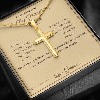 Engraved Artisan Cross Necklace with message for grandson