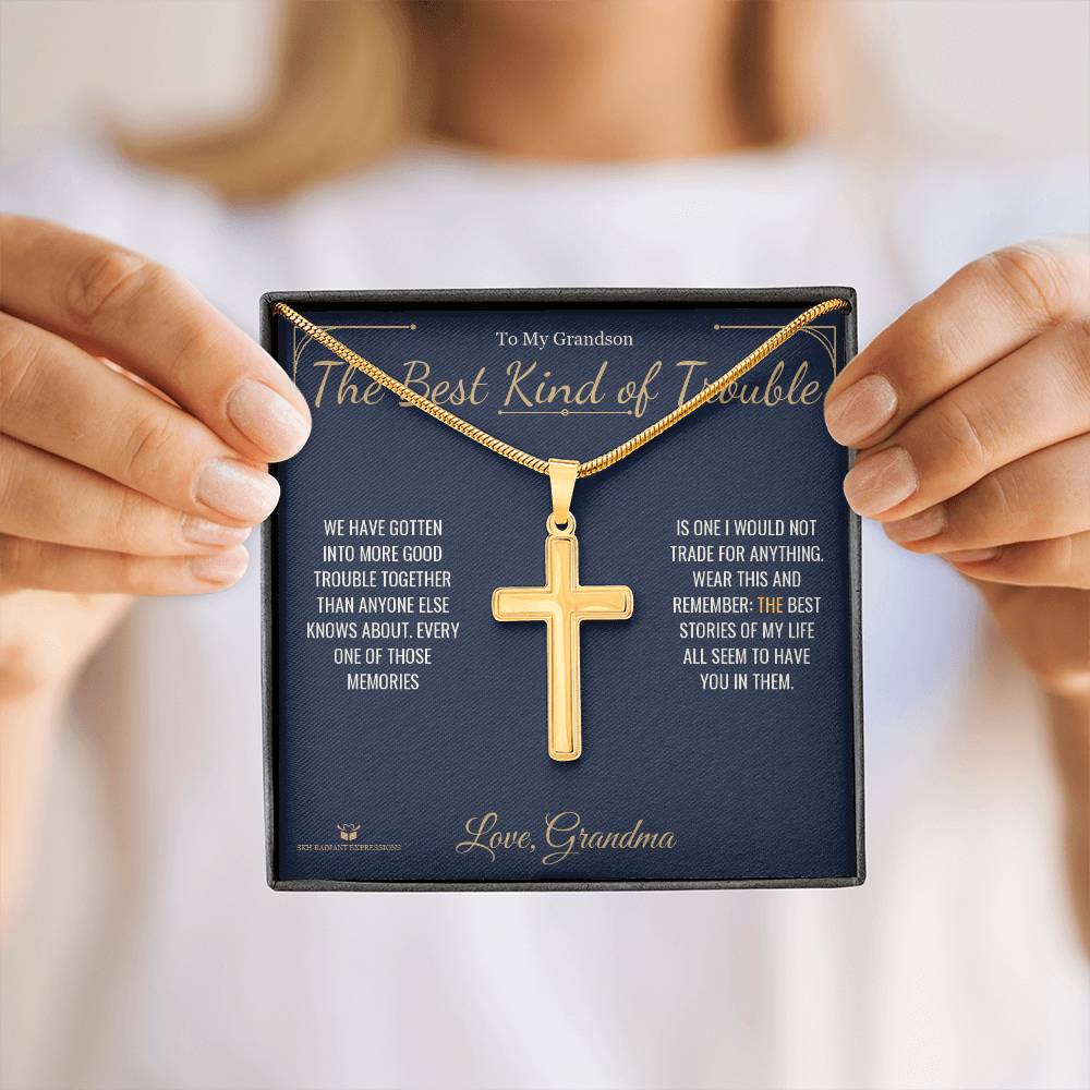 Engraved Artisan Cross Necklace with message for grandson